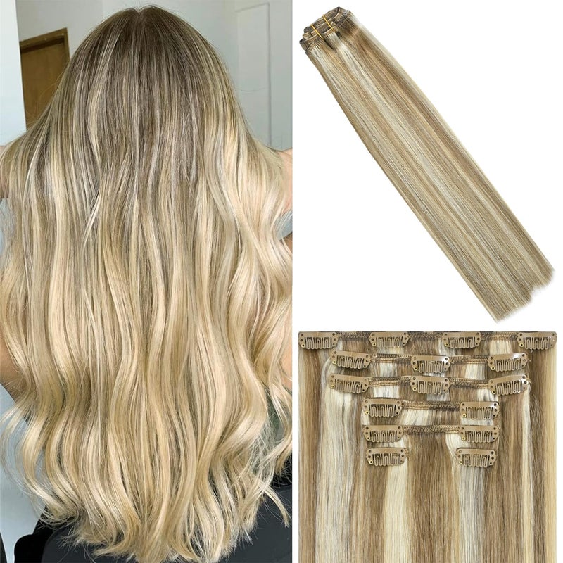 WindTouch Clip in Hair Extensions 115g Real Human Hair Blonde Hair Extensions 18p613 Mixed Bleached Blonde Thicker 7pcs 22inch